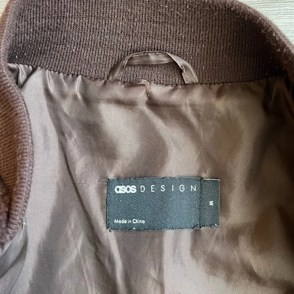 ASOS Design Faux Fur Varsity Bomber Jacket Embroidery Patch Brown Size M
